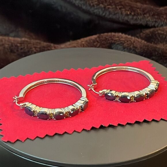 Midnight Sapphire and Multi-Tourmaline Hoop Earrings Stainless Steel 11.35 ctw - Picture 4 of 15